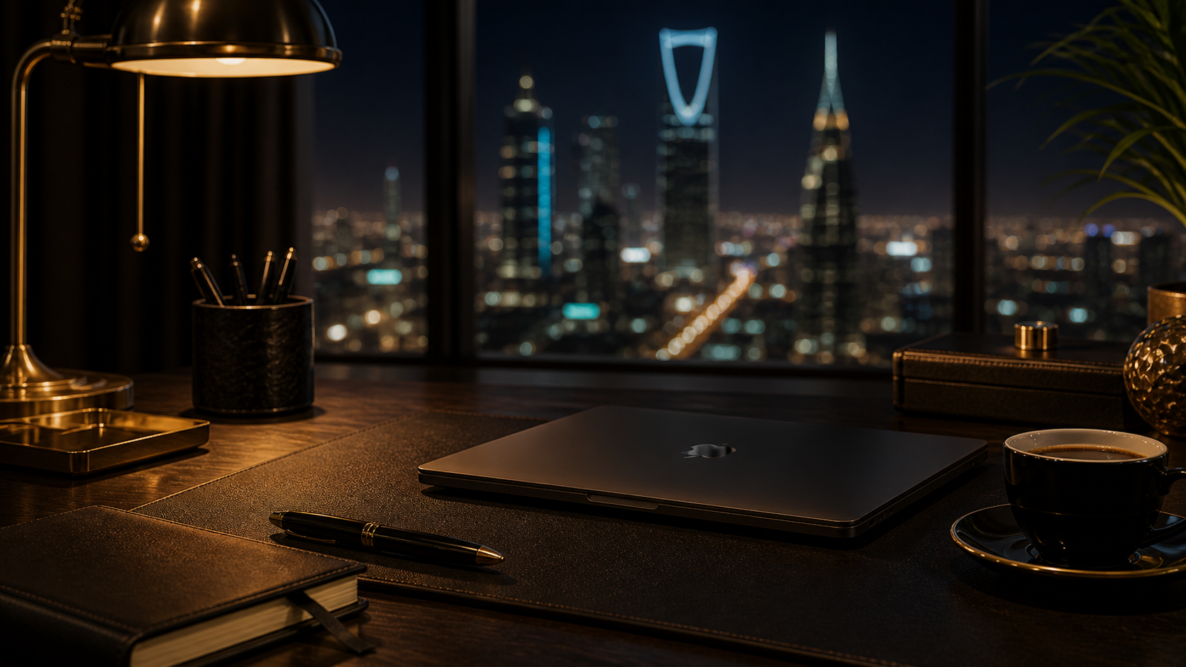 Desk at night with Riyadh view