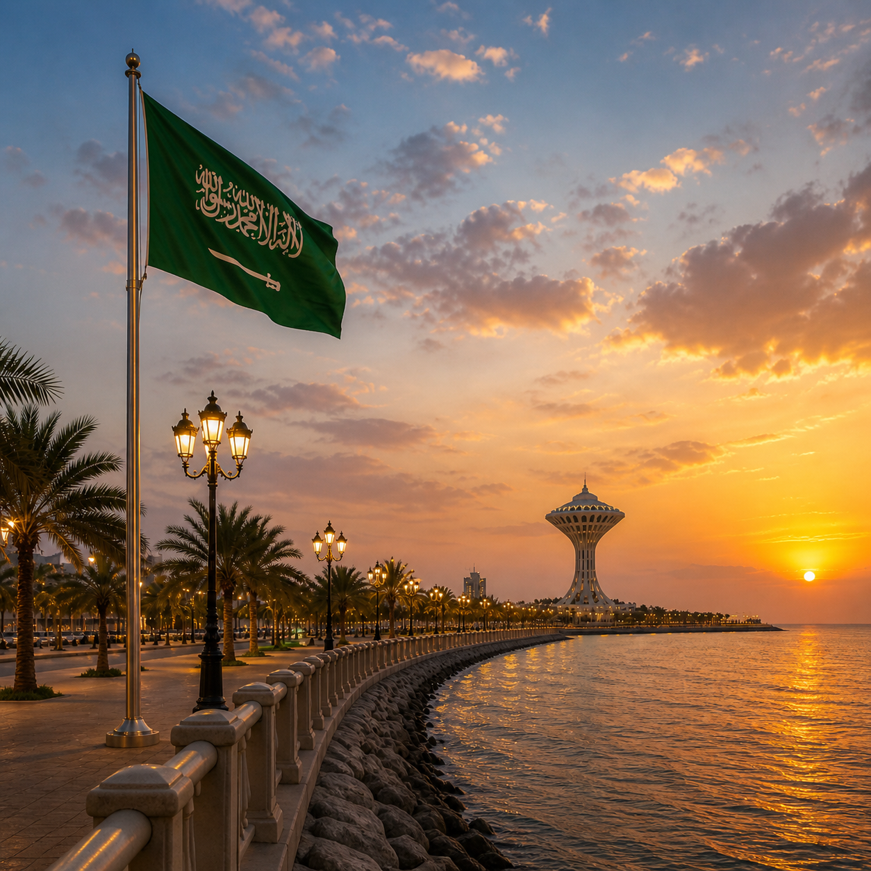 Saudi flag at sunset